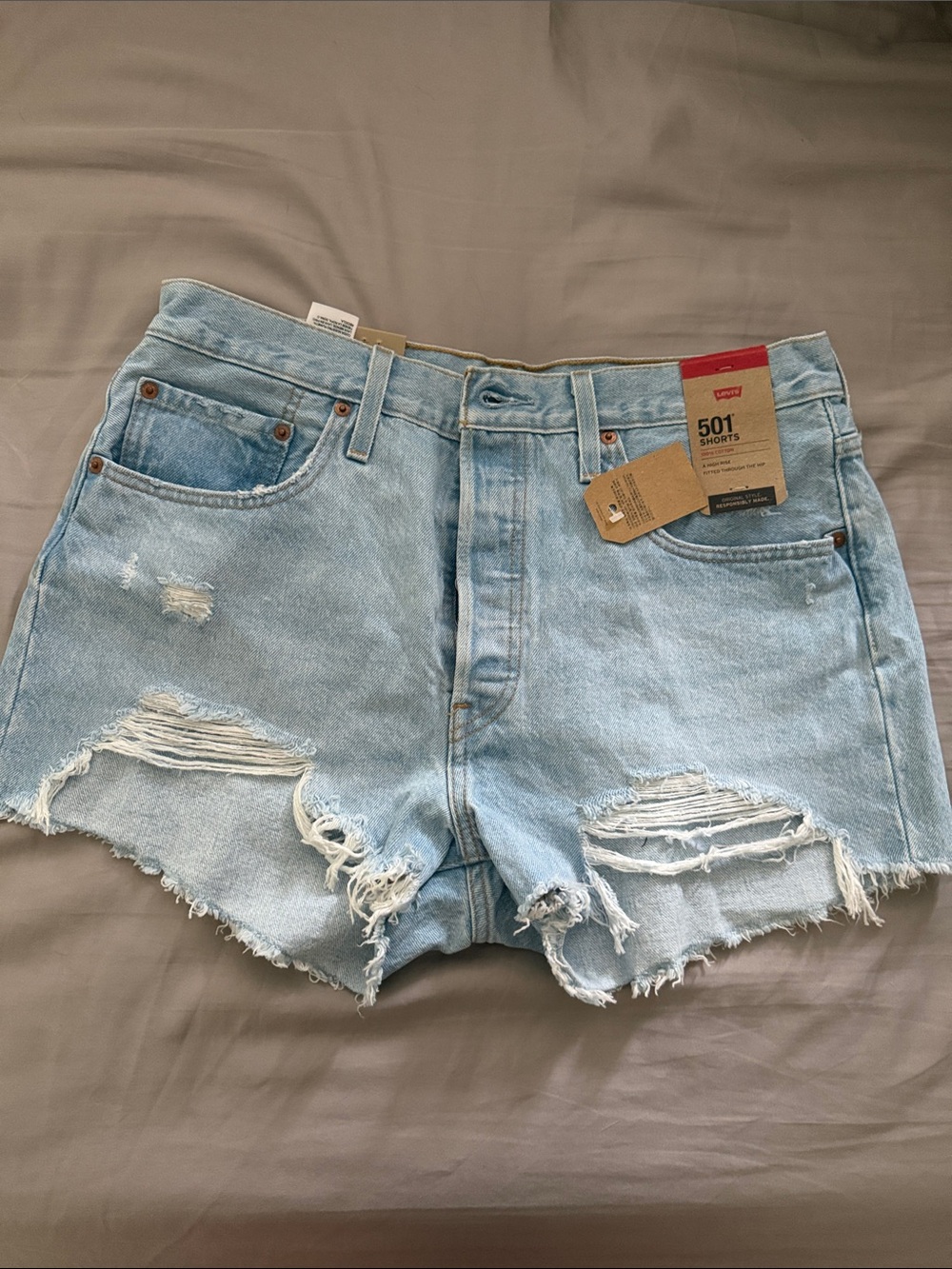 Levi's Light Blue Ripped 501 Denim Shorts